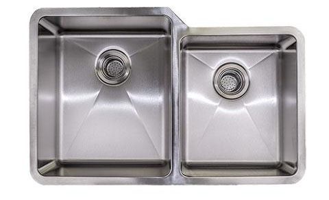 Stainless steel double-basin kitchen sink with two basins and drain strainers.