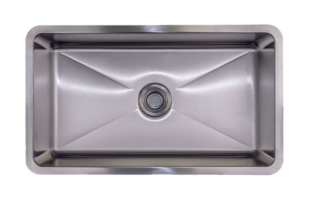 Stainless steel kitchen sink viewed from above with a center drain
