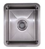 Stainless steel kitchen sink with a central drain, viewed from above