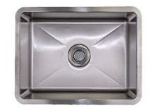 Stainless steel kitchen sink viewed from above, with a central drain.