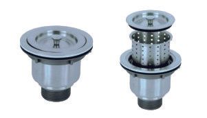 Two stainless steel sink drain strainers, one assembled and one disassembled, on a white background