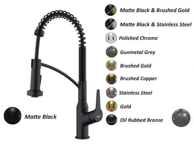 Matte black kitchen faucet with pull-down spring neck and finish color options shown.