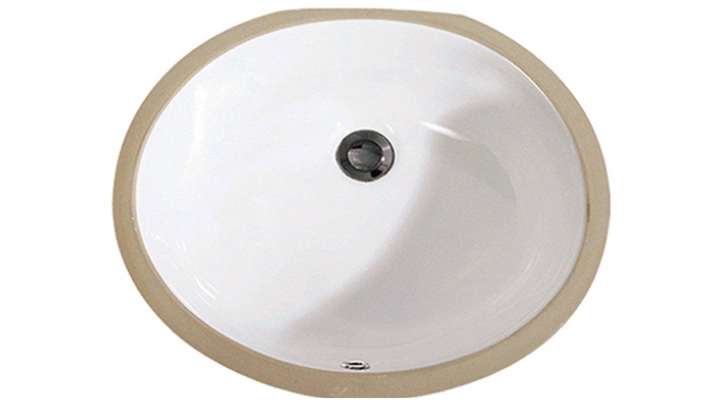 White oval bathroom sink with a beige rim and dark drain stopper.