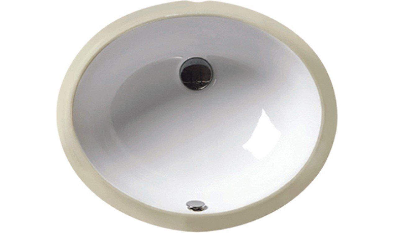 White oval sink basin with a dark drain and beige rim on a plain background