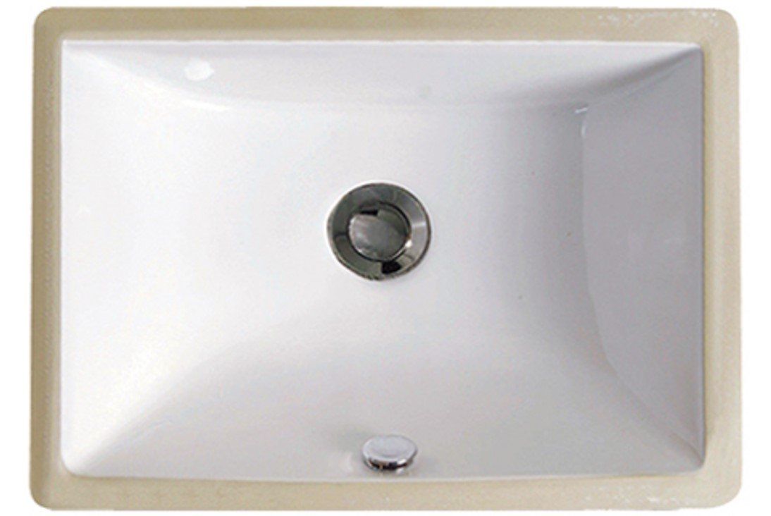 White rectangular sink with a centered drain and chrome faucet hole.