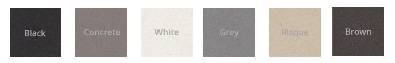Six labeled color swatches: black, concrete, white, grey, beige, and brown.