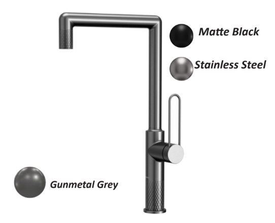 Modern pull-down kitchen faucet with gunmetal gray finish, shown in matte black and stainless steel color options