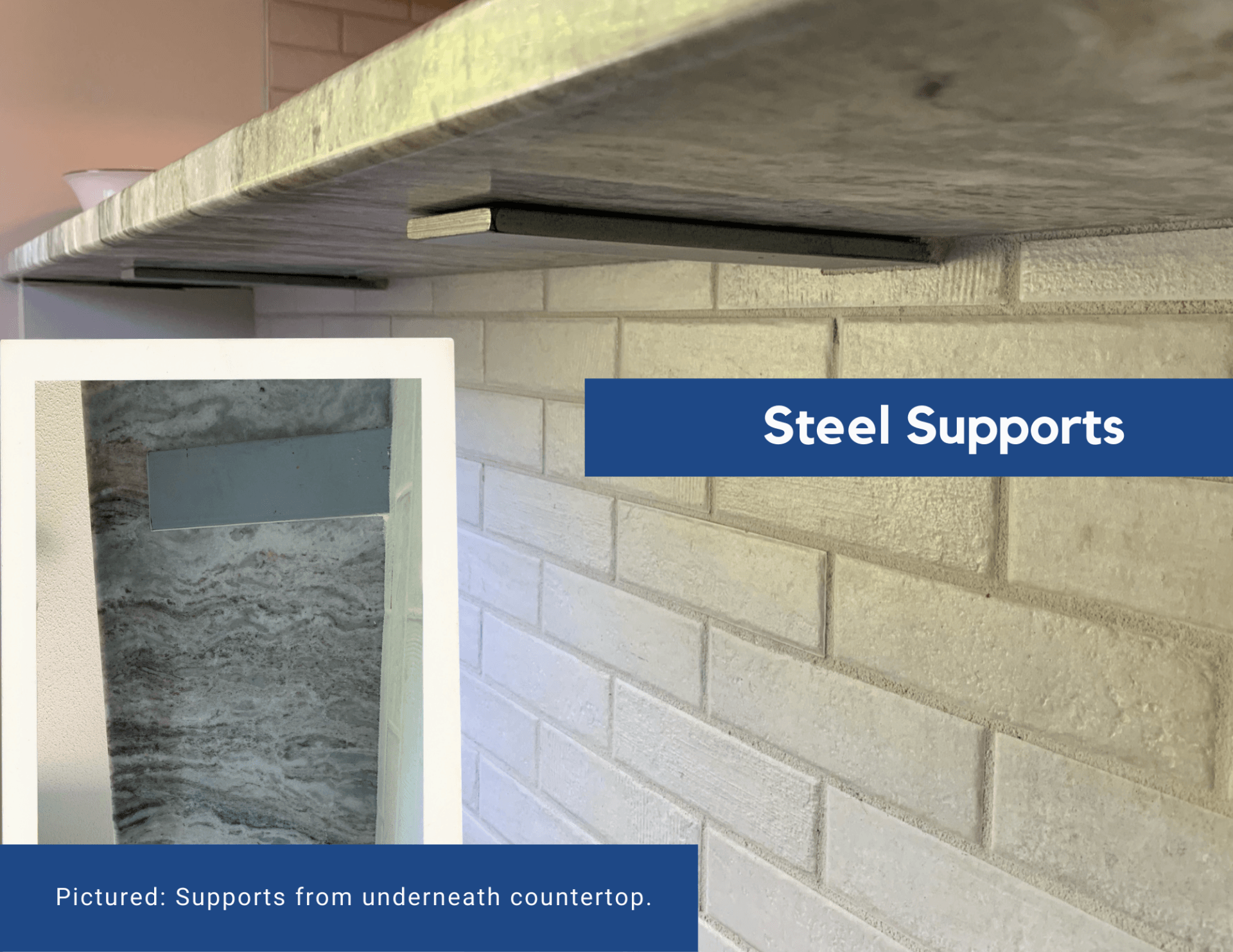 Steel supports under a concrete overhang in a cinder block wall space.