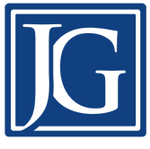 Blue square logo with white stylized letters “JG” inside a white border.