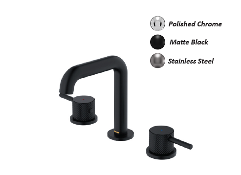 Matte black bathroom faucet set with matching handles and finish options shown in chrome and stainless steel