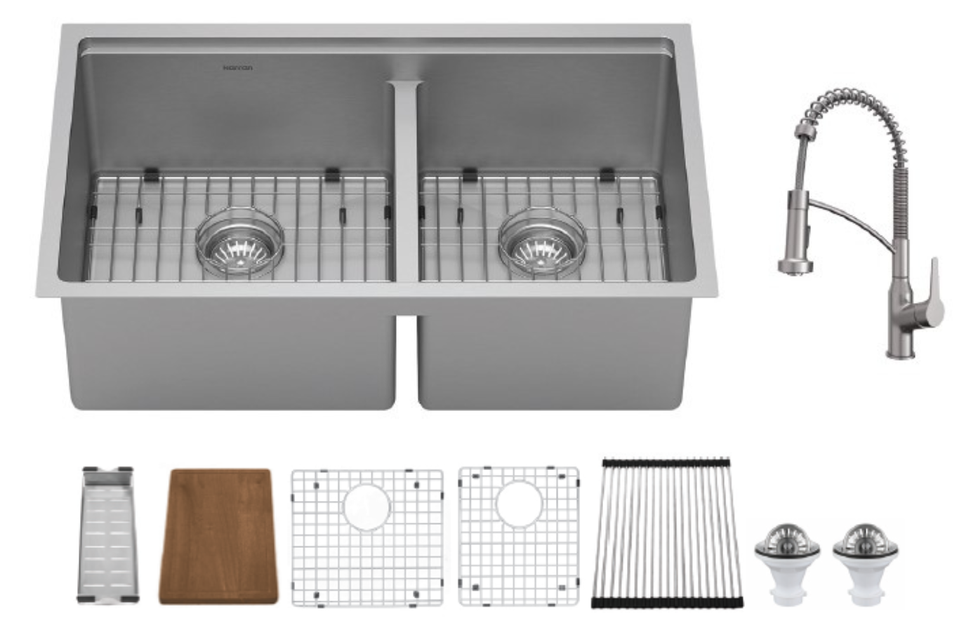 Stainless steel double kitchen sink with pull-down faucet and accessories, including grates, cutting board, and drain strainers