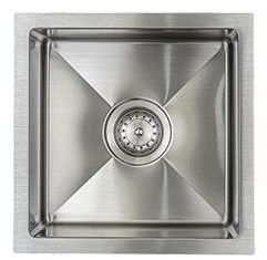 Stainless steel square kitchen sink with a centered drain and brushed metal finish