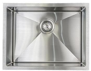 Stainless steel kitchen sink with central drain and brushed metal finish.
