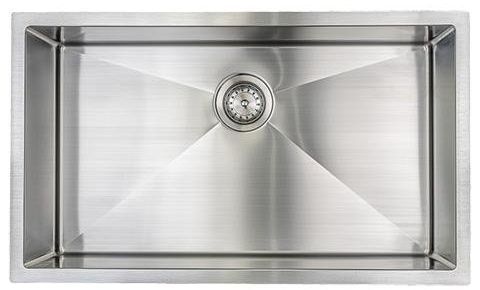 Top-down view of a stainless steel kitchen sink with a centered drain and brushed finish.