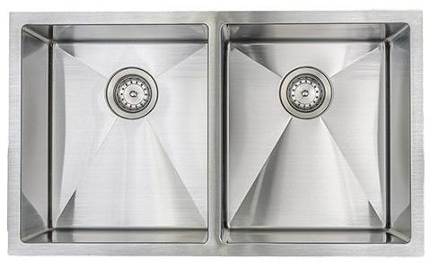 Double stainless steel kitchen sink with two basins and drains