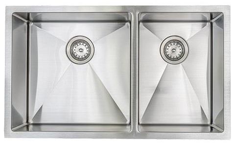 Two stainless steel kitchen sinks side by side, each with a circular drain.