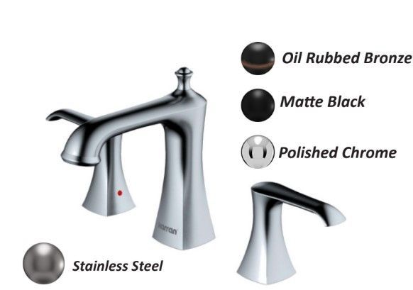 Bathroom faucet in four finishes: oil rubbed bronze, matte black, polished chrome, and stainless steel.