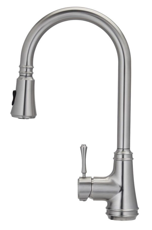 Brushed nickel gooseneck kitchen faucet with single lever handle and pull-down spray head