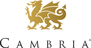 Gold lion logo above the word “Cambria” in black serif letters on a white background