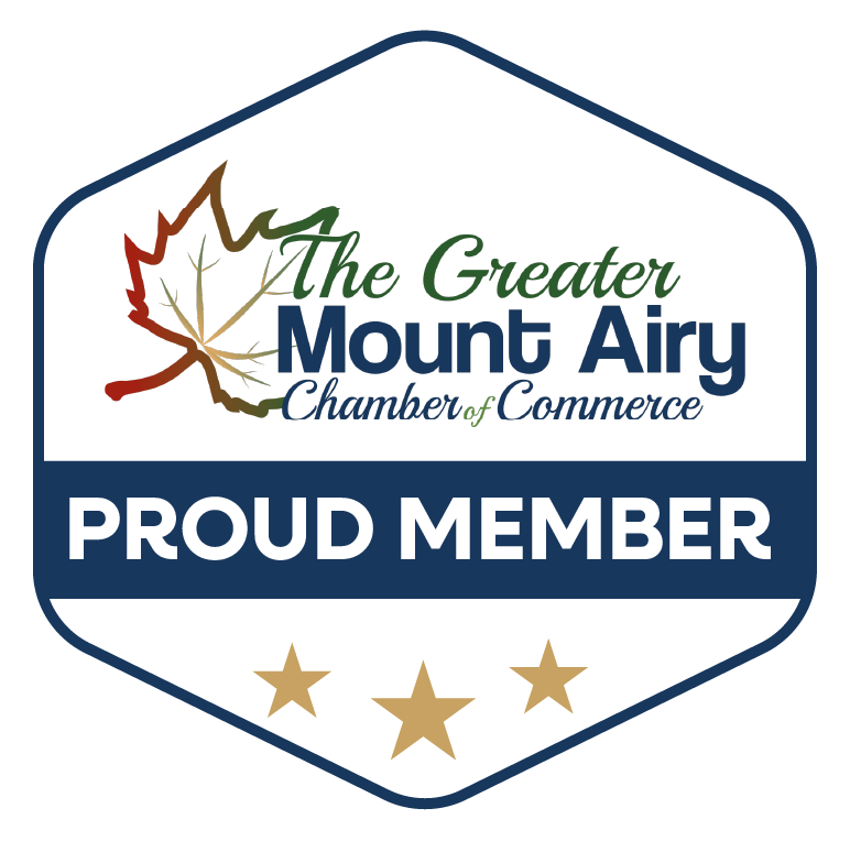 Greater Mount Airy Chamber of Commerce proud member logo with stars and autumn leaves