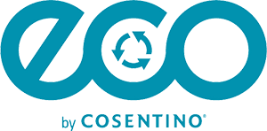 Turquoise ECO logo with recycle symbol and “by COSENTINO” text
