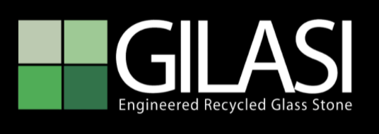 GLASI logo with green square icon and white text on black background, “Engineered Recycled Glass Stone”