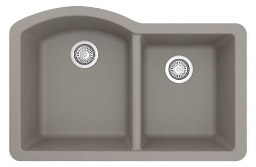 Top view of a gray double kitchen sink with two basins and drains