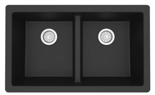 Black double-basin kitchen sink with two drains and a central divider