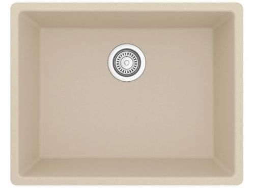 Beige kitchen sink with a single drain in the center