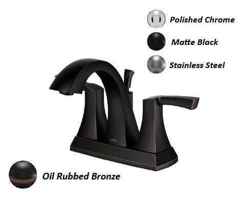 Faucet shown in oil rubbed bronze with finish options: polished chrome, matte black, and stainless steel.