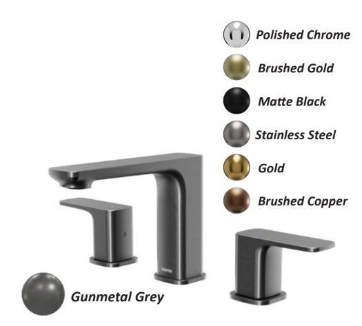 Chrome and matte black faucet finish options with labeled color swatches on a white background