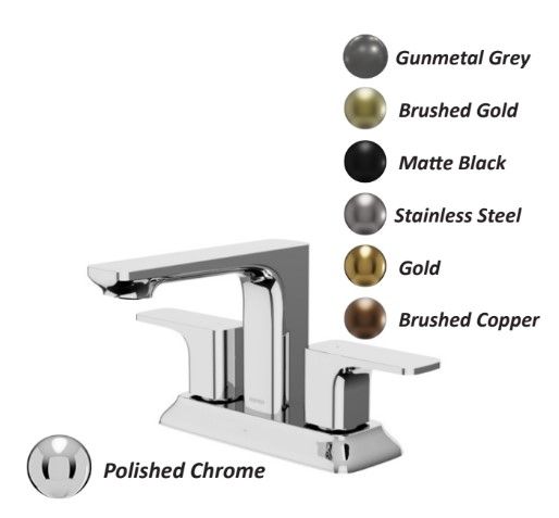 Chrome bathroom faucet with finish options shown: gunmetal grey, brushed gold, matte black, stainless steel, gold, brushed copper, polished chrome