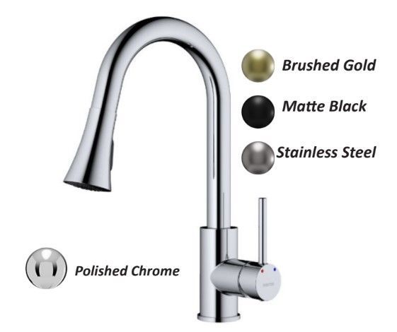 Chrome kitchen faucet with finish options: brushed gold, matte black, stainless steel, polished chrome