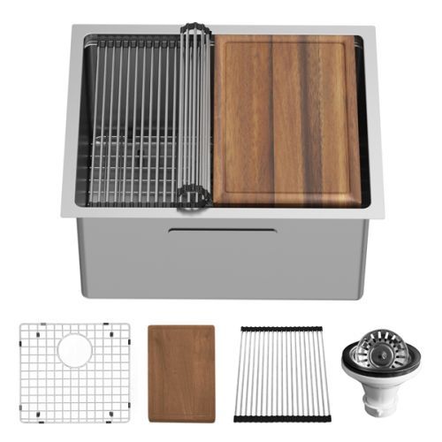 Stainless steel sink with wood cutting board and wire drying rack accessory set
