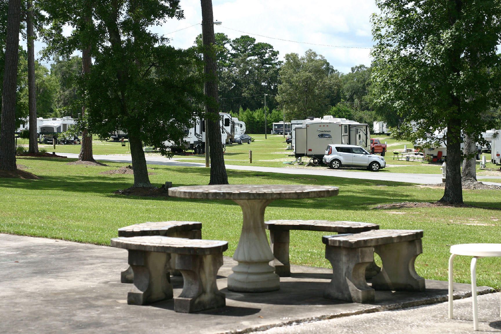 Picnic table in a campground with RVs, green grass, and trees under a cloudy sky.