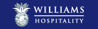 Logo for Williams Hospitality featuring a white pineapple and text on a blue background.