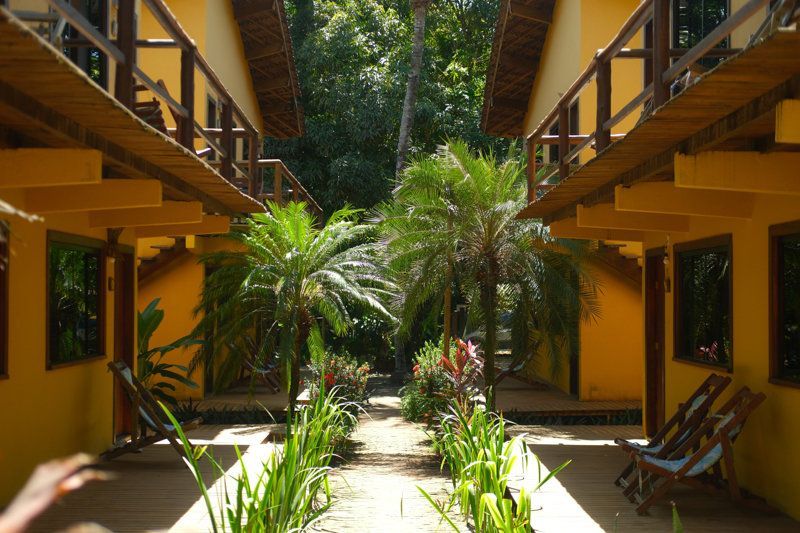 Pátio com prédios amarelos, plantas tropicais e cadeiras sob a luz do sol.
