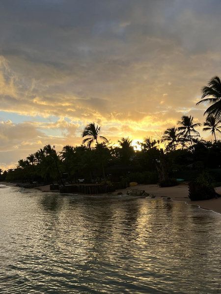 Pôr do sol sobre uma costa tropical tranquila, com palmeiras em silhueta e águas ondulantes.