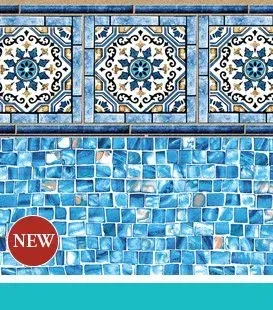 Pool liner pattern: blue tile border, patterned tile top, blue mosaic tile lower.