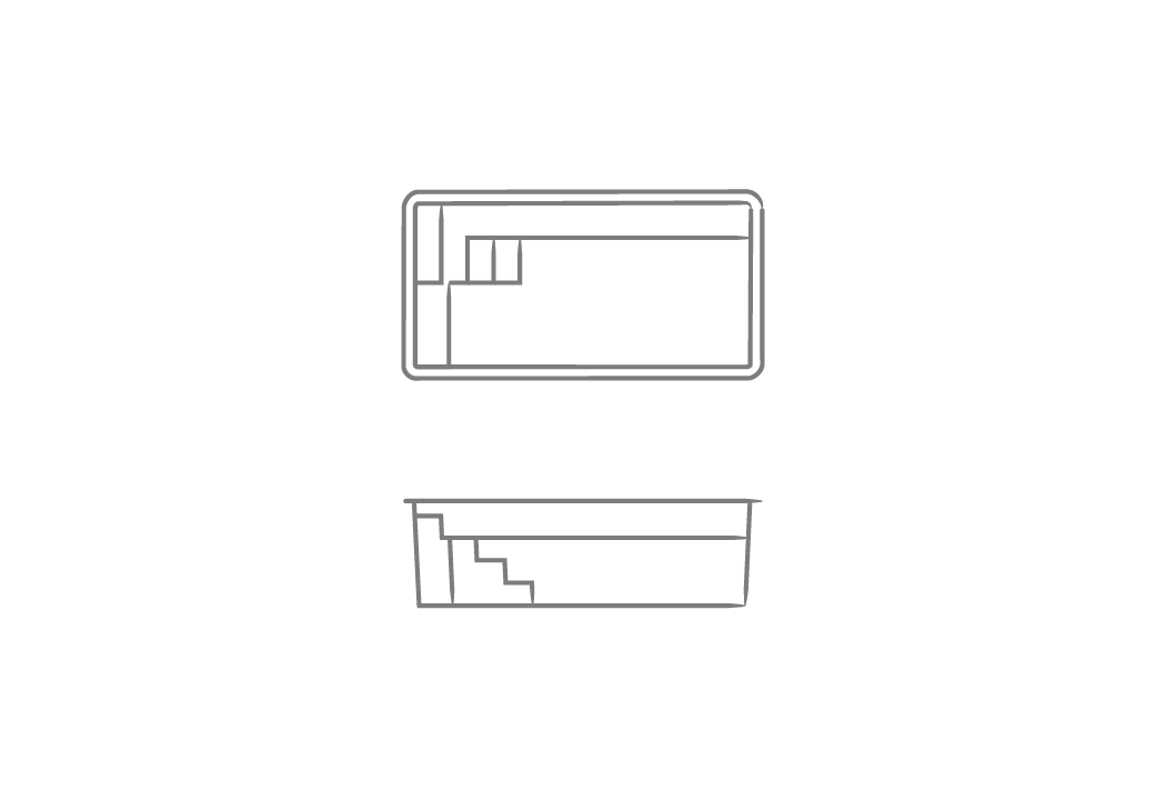 Outline drawing of a rectangular tray shown from top and side views