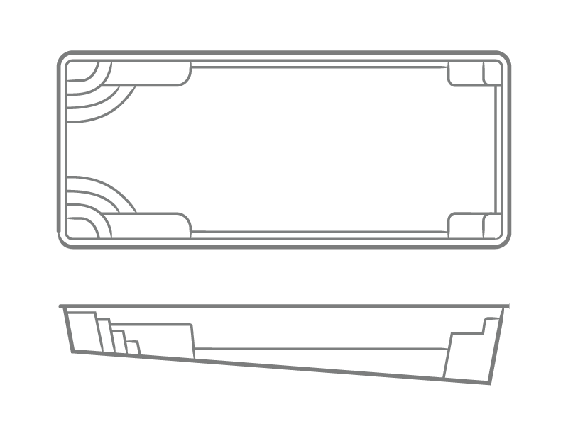Outline drawing of a rectangular tray shown from top and side views