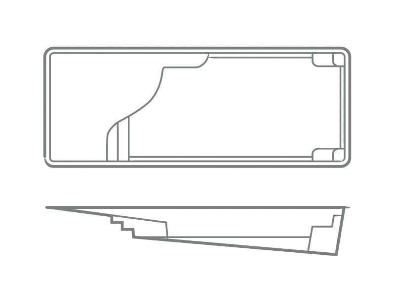 Outline drawing of a rectangular tray shown from top and side views