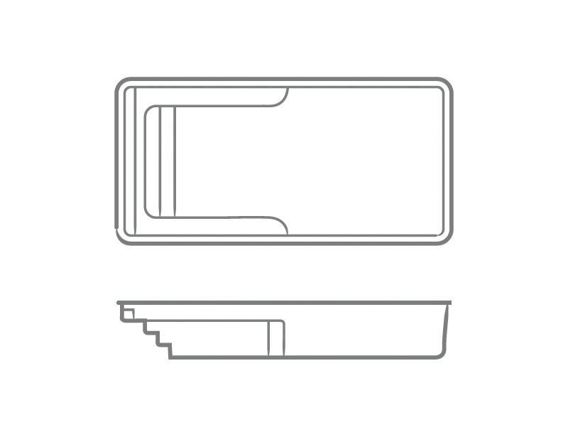 Outline drawing of a rectangular tray shown from top and side views
