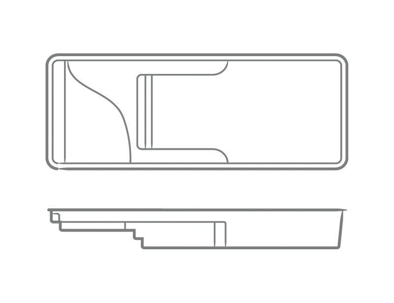 Outline drawing of a rectangular tray shown from top and side views