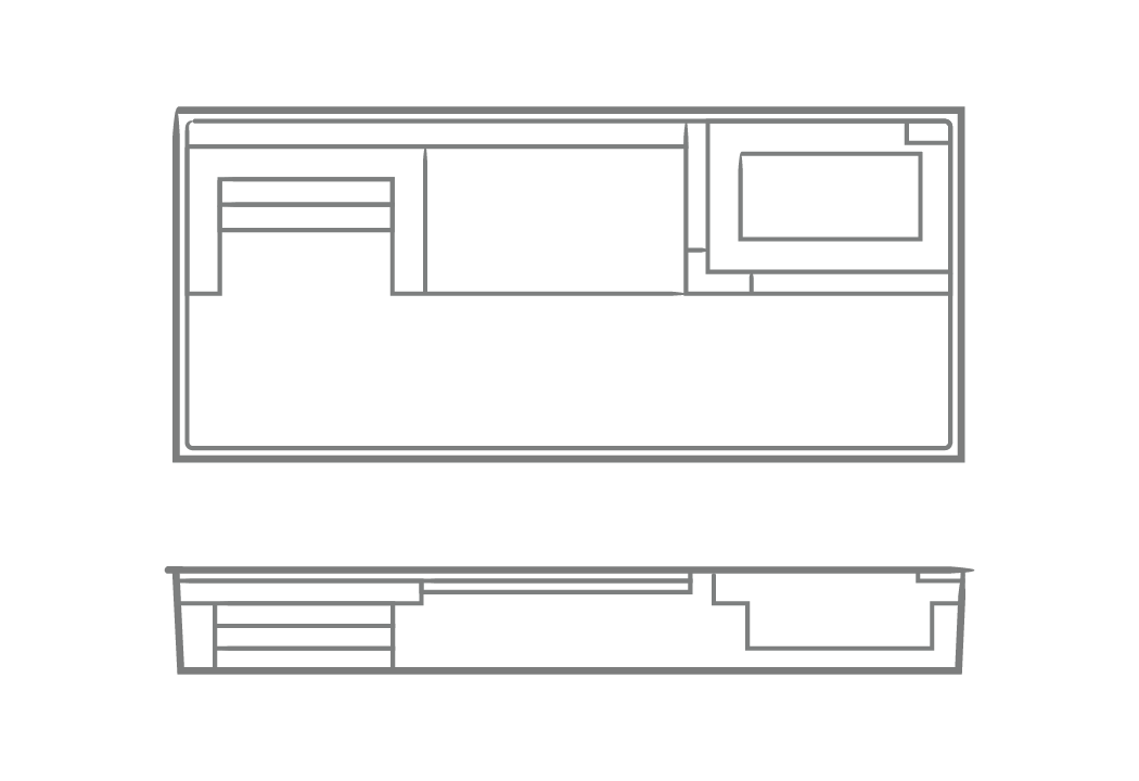 Outline drawing of a rectangular tray shown from top and side views