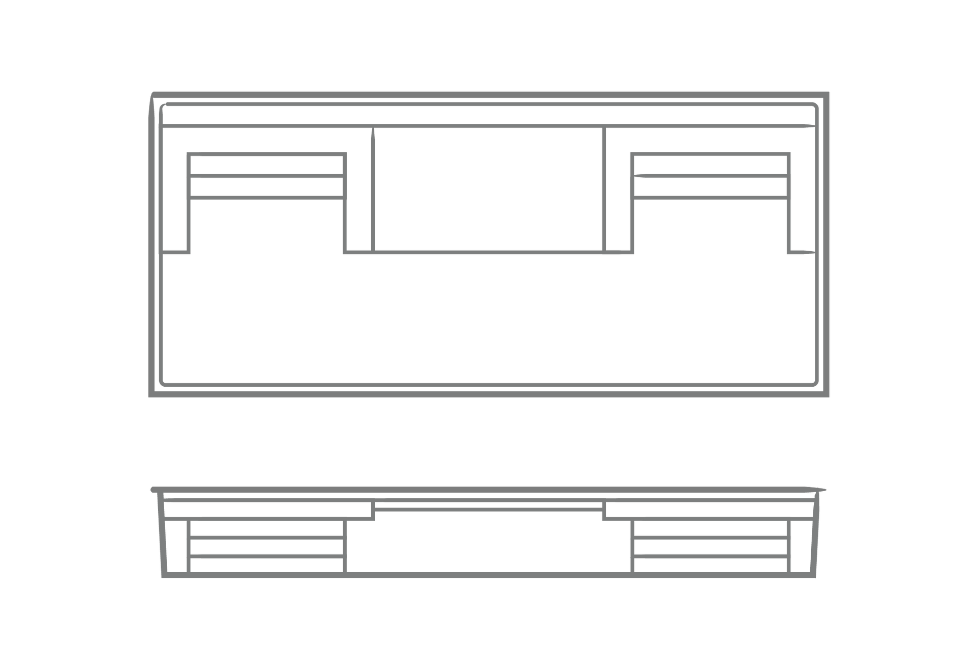 Outline drawing of a rectangular tray shown from top and side views