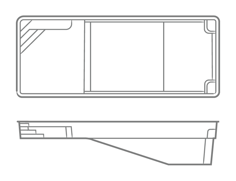 Technical line drawing of a rectangular tray-like object shown in top and side views.