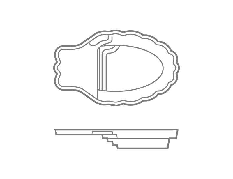 Top and side views of a small oval shoe or sandal outline with a stepped heel profile.