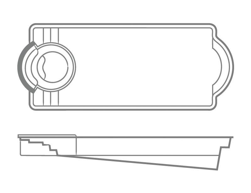 Outline drawing of a rectangular tray shown from top and side views