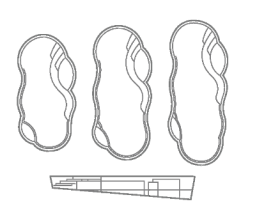 Line drawings of three bean-shaped parts and a side view of a matching fixture or tool.